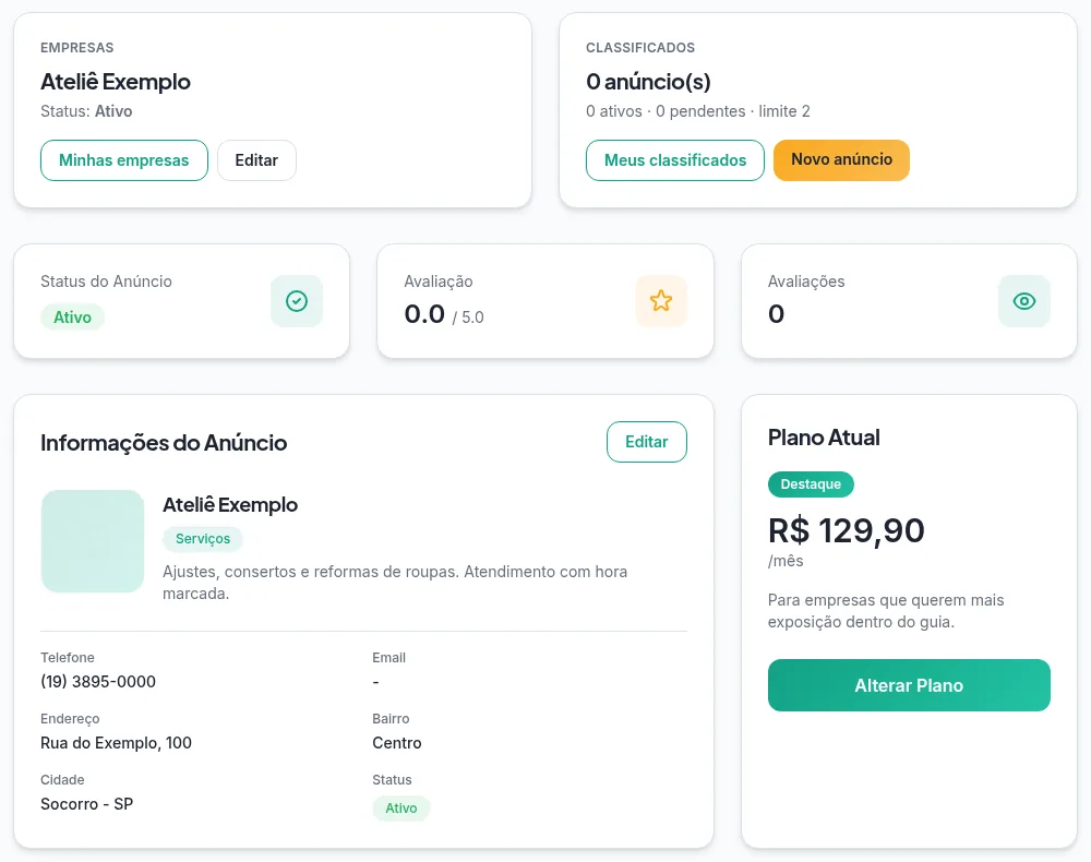 Tela do painel do cliente no Hatchett Comercial: status do anúncio, dados da empresa com botão Editar e o plano atual com valor e botão Alterar plano.